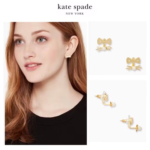 NWT Kate Spade OUT WEST 12-K Gold Plated Glass Pearl Cat Ear Jacket Earrings - Picture 2 of 8