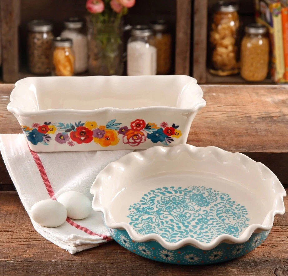 Pioneer Woman Stoneware Flea Market 9in Ruffle Pie & 3.6qt Loaf Pan Baking Set
