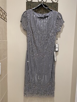 ADRIANNA PAPELL Womens Sequin Beaded Mesh Silver/Gray Cap Sleeves Dress NWT  | eBay