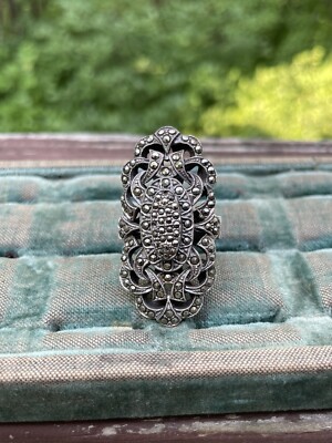 Early Vintage Sterling Silver Marcasite Stone Ornate Rectangular