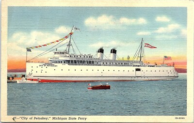 Postcard MI City of Petoskey Steamer Ship Michigan State Ferry Vintage Linen F16