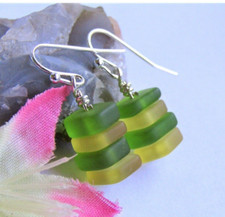 Handmade Stacked Yellow  Green Sea Glass Beach Silver Square Earrings Dangle
