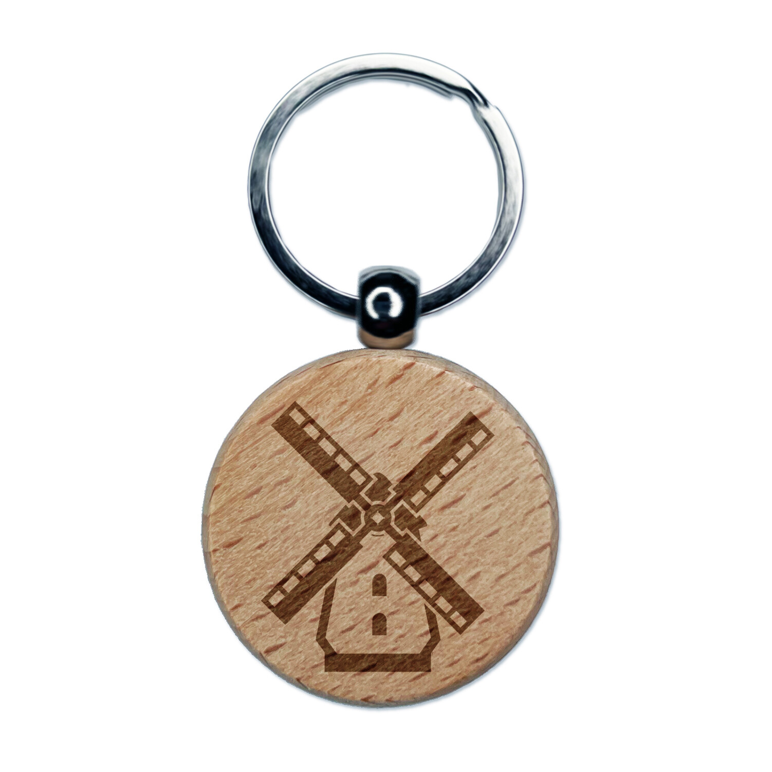 Dutch Windmill Engraved Wood Round Keychain Tag Charm