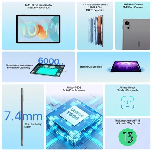 UMIDIGI G5 Tab 6000mAh 10.1" 4GB+128GB 13MP Camera Android 13 Octa-Core Tablet - Picture 16 of 18