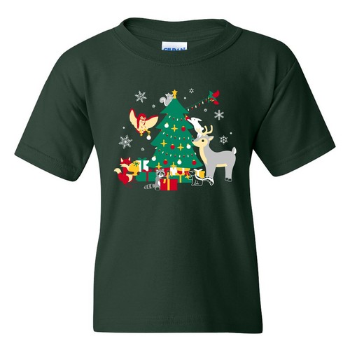 Woodland Winter Christmas - Cute Animals Cartoon Holiday Youth T Shirt - Picture 5 of 24