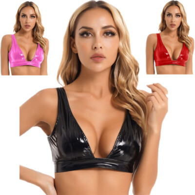 Women's Wet Look Patent Leather Push Up Unlined Bra Plunging Crop Tops Lingerie