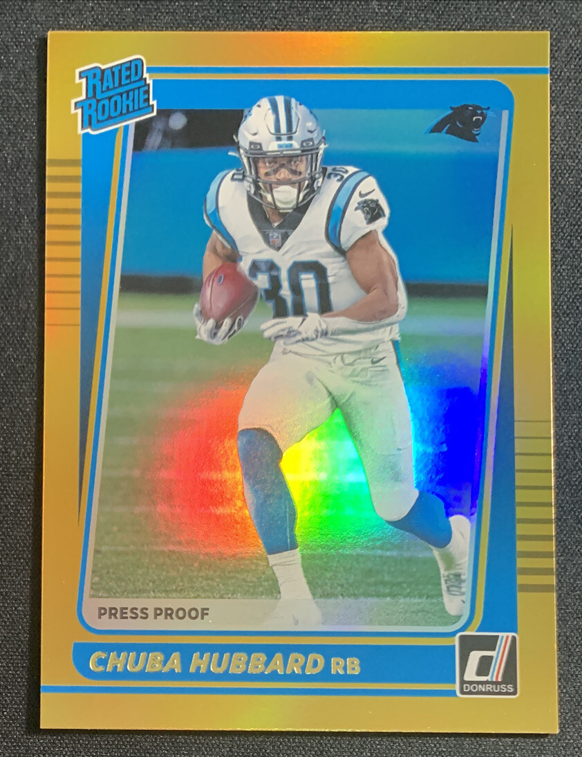 Chuba Hubbard 2021 Donruss Rated Rookie Gold Holo Premium Stock Press Proof #287