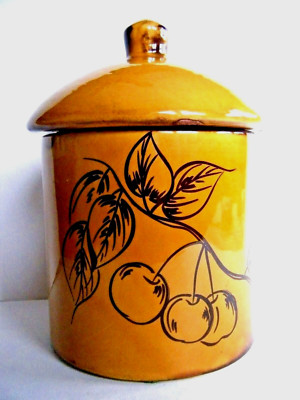 Vintage Holiday Designs USA Canister Cookie Jar Gold Brown Apples Cherries