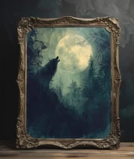 Moody Howling Wolf Painting, Printable Wall Art, Dark Vintage