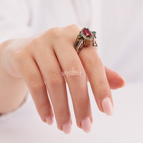 Turkish Reversible Marquise Emerald Ruby Jade Topaz 925 Sterling Silver Ring - Picture 10 of 13