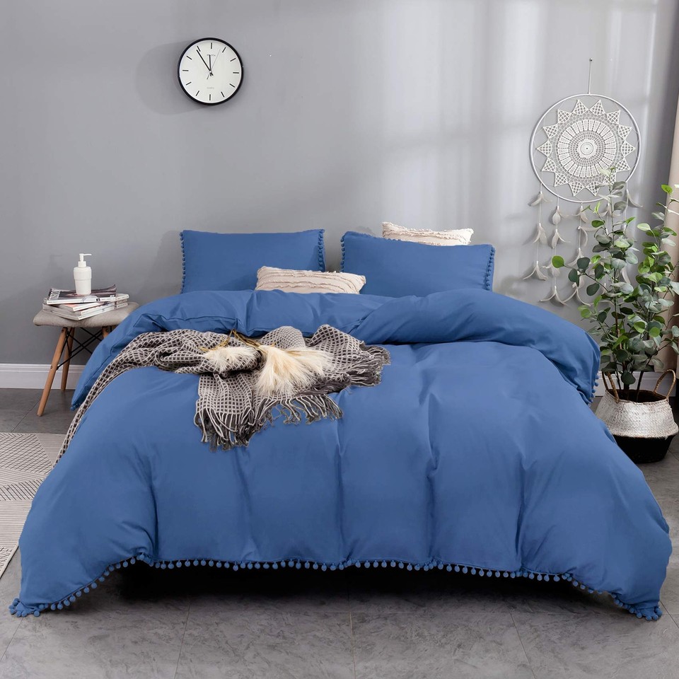 Bowavat Pom Pom Fringe Duvet Cover King Size,100 Washed Microfiber 3