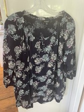 Lucky Brand Womens Tunic Top Size 1X Blue Floral Boho Peasant 3/4 Sleeve