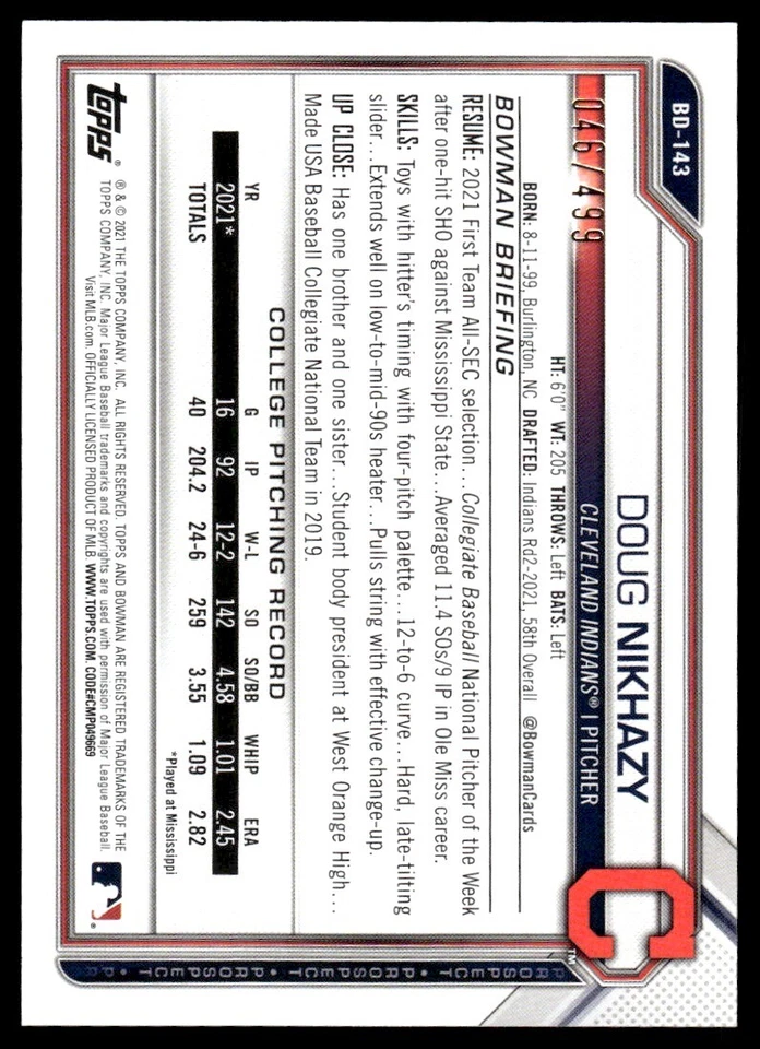 2021 Bowman Draft Doug Nikhazy /499 Cleveland Indians #BD-143 - Image 2 of 2