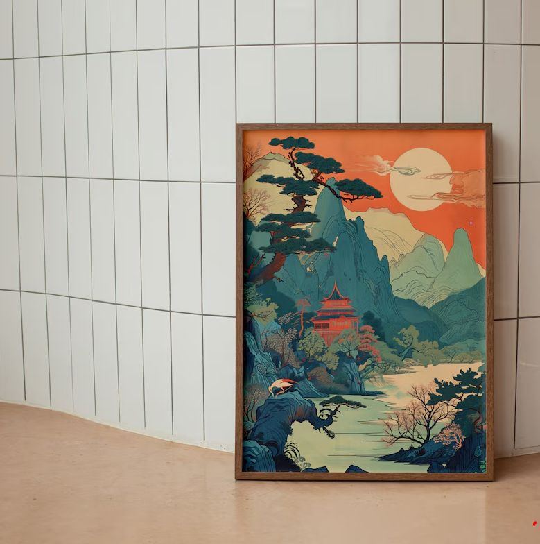 Korean Art Poster, Asian Art, Mountains And River, Colorful Calm Linework