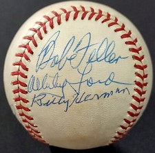 Catfish Hunter Whitey Ford Bob Feller Billy Herman Signed Baseball COA!