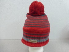 Columbia Omni Heat Red/Gray Striped Knit Pom Beanie Hat One Size