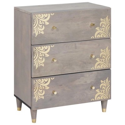 Sideboard massiv Mangoholz grau & gold 60x33x75cm 3 Schubladen Regal modern elegant