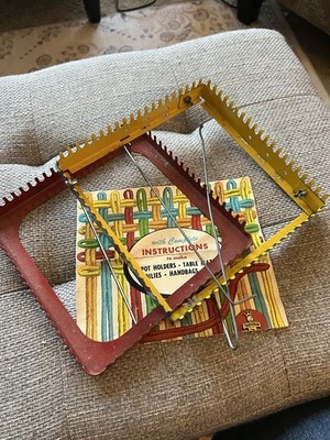 Vintage Red Yellow Metal Potholder Hand Looms And Hook Set 1960s Set Of 2
