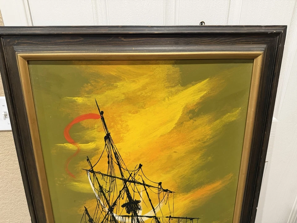 Vintage Mid Century Pirate Ship Oil Painting On Board Signed CORSA 54" x 30” - Image 2 of 4