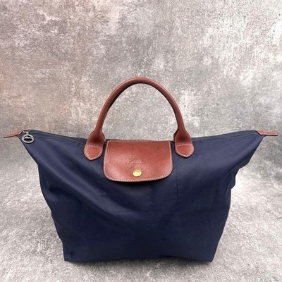 Longchamp Le Pliage Original L Navy Tote Bag Leather Handles Made in France