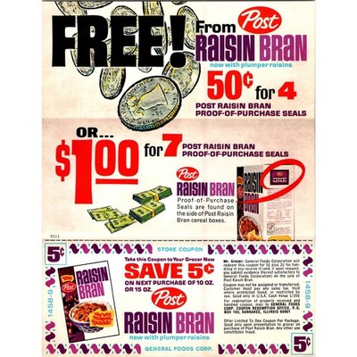 Post Raisin Bran Now with Plumper Raisins 1960s Original Retro Coupon STK3-ZC1