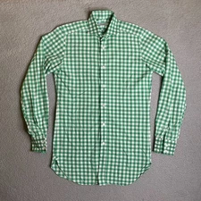 Drake's London Shirt Men 15/38 Green White Gingham Plaid Button Up Italy Casual
