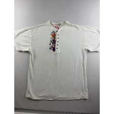 Vintage Mickey Inc White Henley Shirt Embroidered Disney Characters S/M Cotton