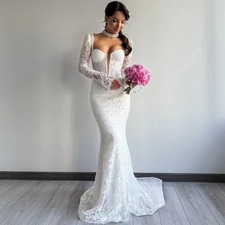 Lace Mermaid Wedding Dress Long Sleeves Sweetheart Sweep Train Arabia Bride Gown