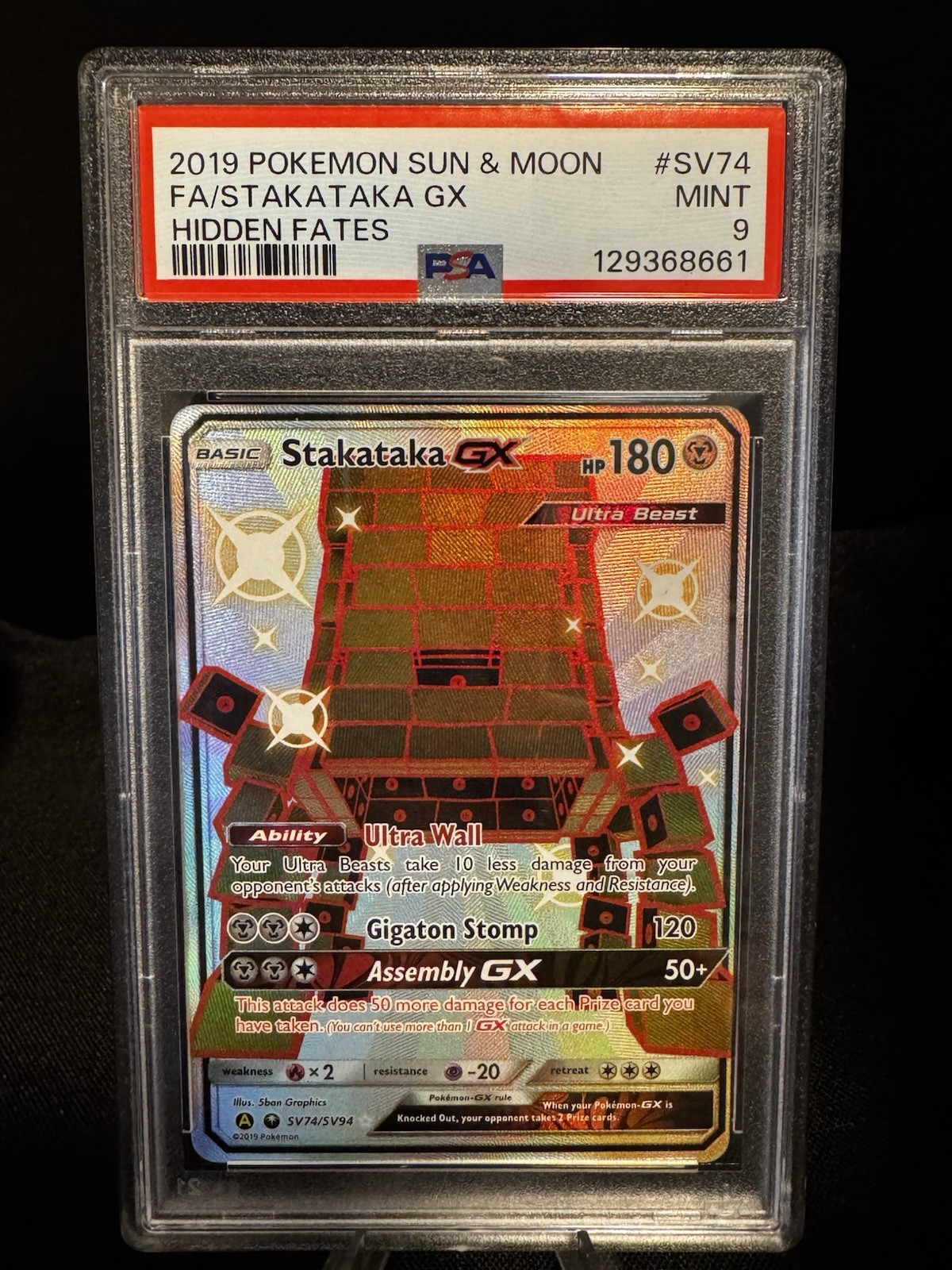 2019 Pokemon SM Hidden Fates SV74 Full Art/Stakataka GX PSA 9