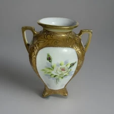 Antique Nippon Japan Hand Painted Double Handle Vase Gold Moriage Floral Design”