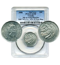 2000 Canada 25 Cents, MINT ERROR, Struck on Foreign Planchet - PCGS AU55
