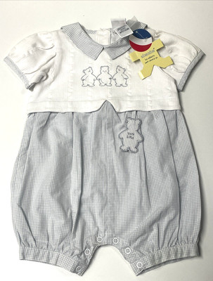 Vintage NWT Absorba Boy 18mos Romper Blue White 100% Cotton Bears Outfit
