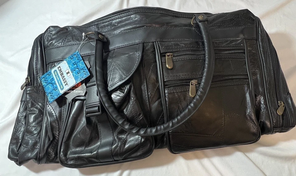 Embassy Italian Style Black Genuine Patchwork Leather 25" Tote Duffel Bag - Image 2 of 4