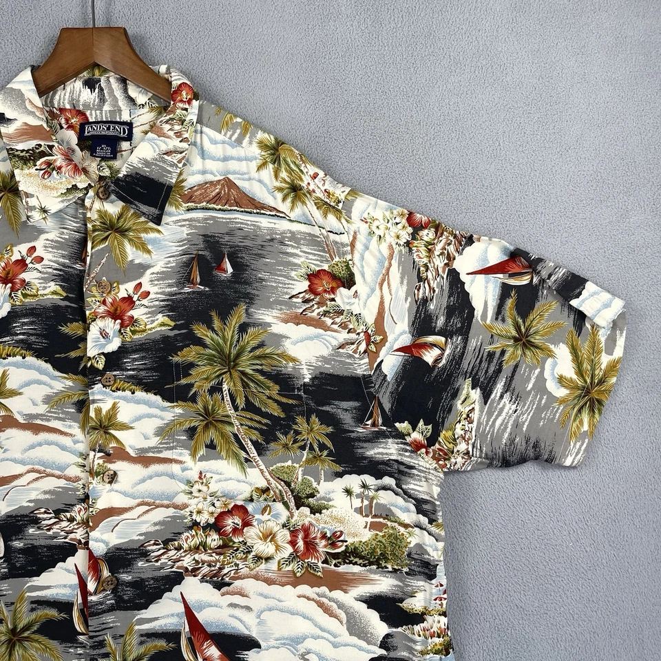 Camisa Hawaiana Lands End De Colección Para Hombres XL Rayón Palmera Navegación Viaje Campamento Foto 4 de 4