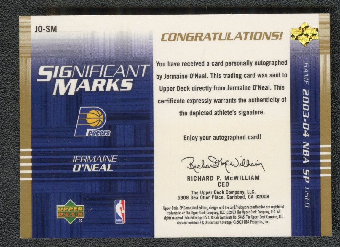 2003-04 SP Game Used Jermaine O'Neal Significant Marks Auto /75 Pacers view 2
