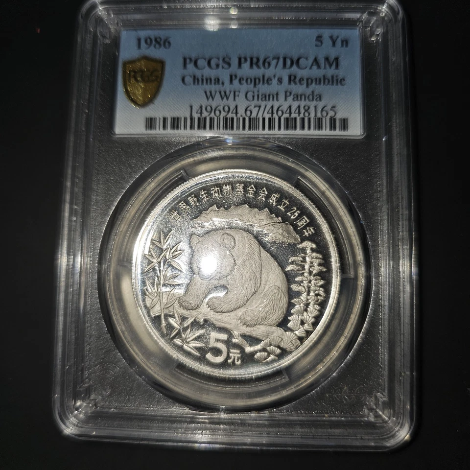 Moneda de plata panda chino 1986 5 yuanes WWF panda gigante graduación profesional PR67DCAM Foto 2 de 4