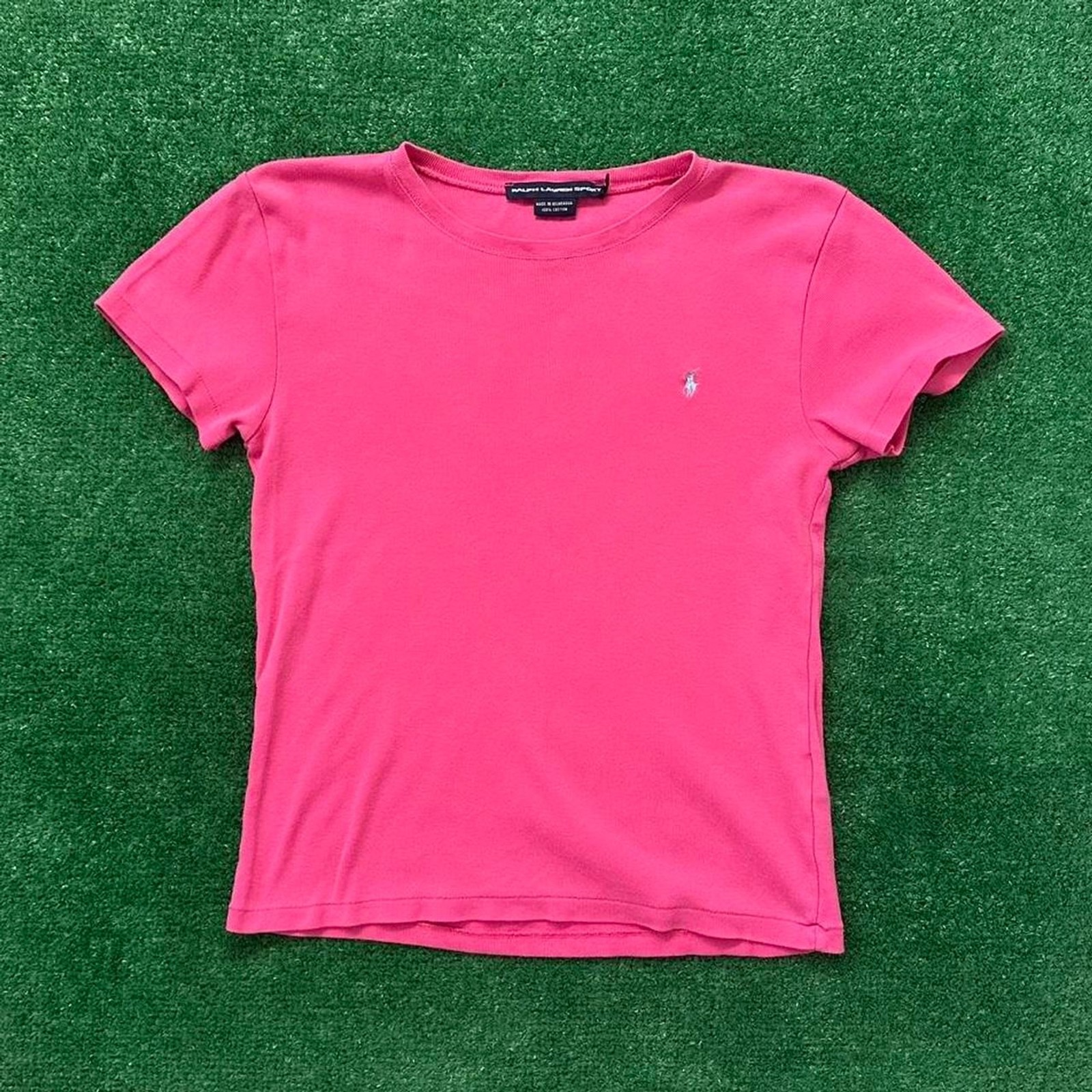 T shirt bambino vintage Ralph Lauren Sport rosa a costine blu chiaro pony taglia L