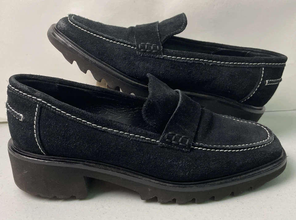Aquatalia Sofie Suede Loafers 9 Black Chunky Soles Shoes Womens* - Image 4 of 4