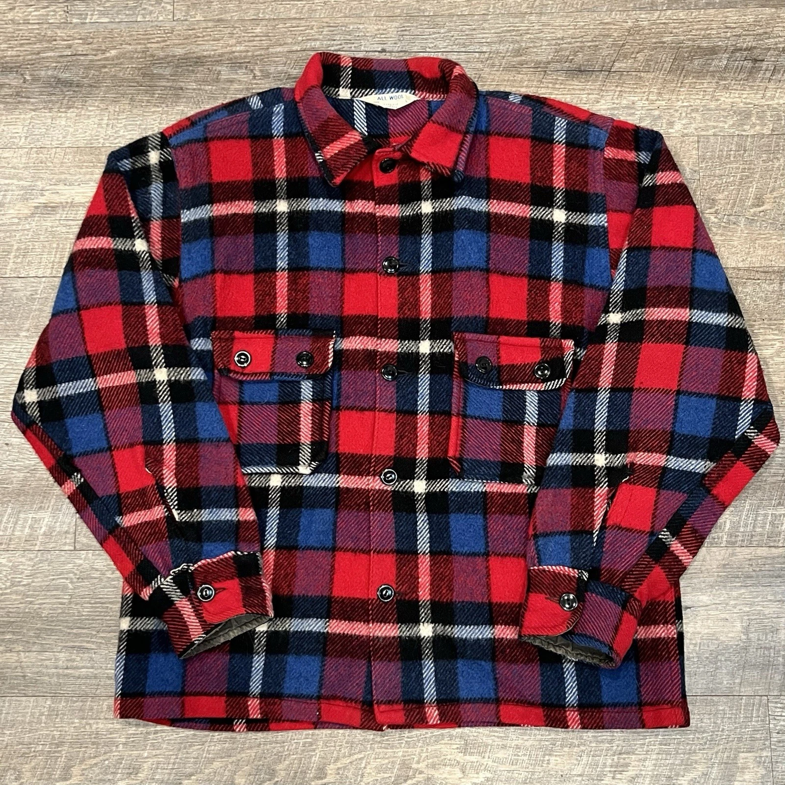 Vintage Wool Jacket Mens Large Red Blue Plaid Shacket Hunting Made in Canada