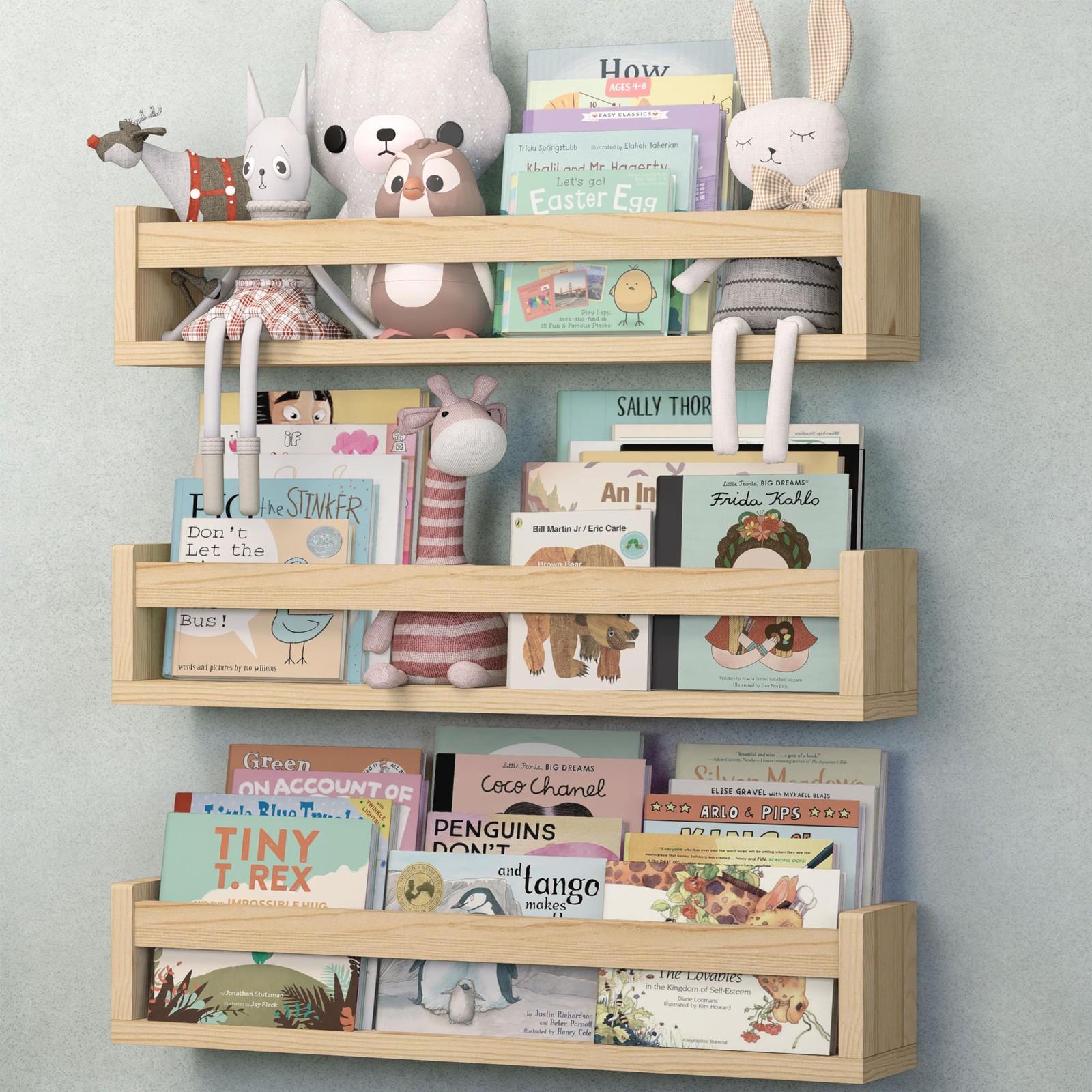 Set of 3, 23.1 Inches, Natural Wood Floating Shelves for Wall, Kids Bookshelf...
