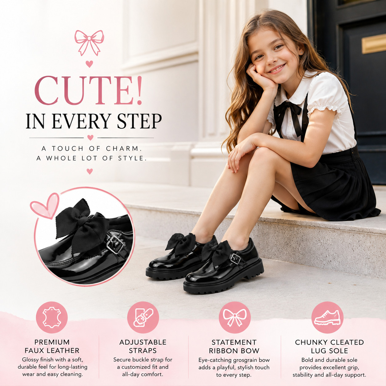 Niñas Niños Negro Patente Mary Jane Zapatos Cinta Arco Grueso Uniforme Escuela Plano