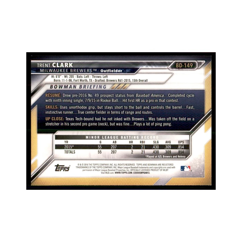 2016 Bowman Trent Clark Baseball Cards #BD-149 - Image 2 of 3