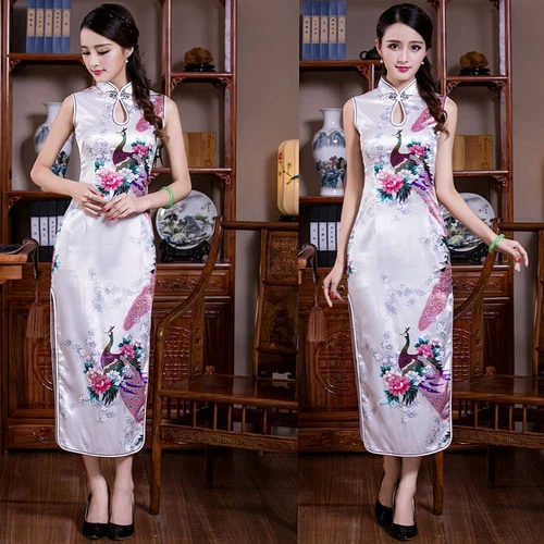 Chinese Sexy Women's Silk Satin Peacock Qipao Evening Dress Long Cheongsam S-2XL - Picture 14 of 27