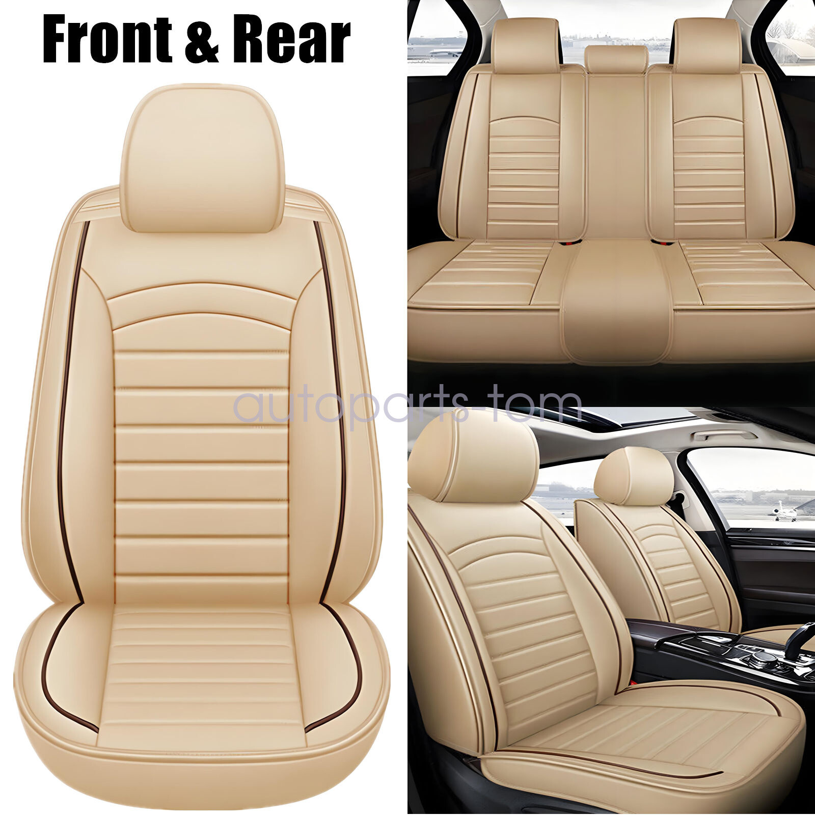 For Benz Faux Leather Full Set 5 Seat Cover Front+Rear Protector Cushion Beige