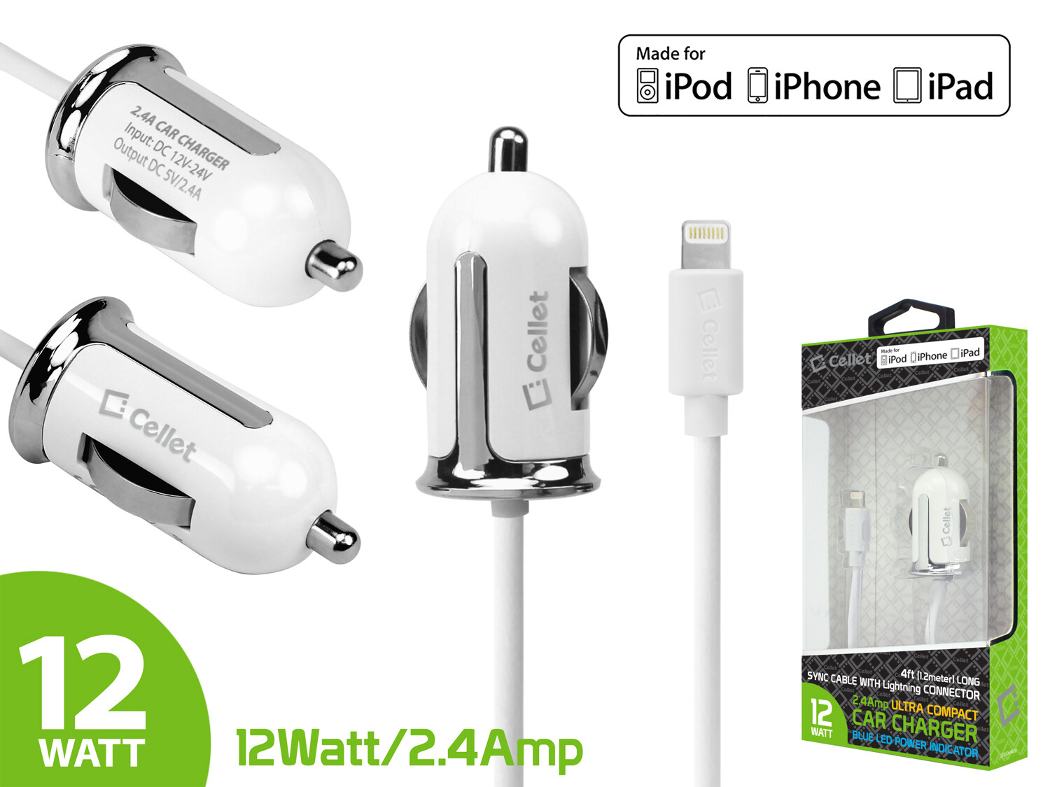 Cellet 4ft Sync Lightning Cable (MFI Certified) 12W Car Charger-image