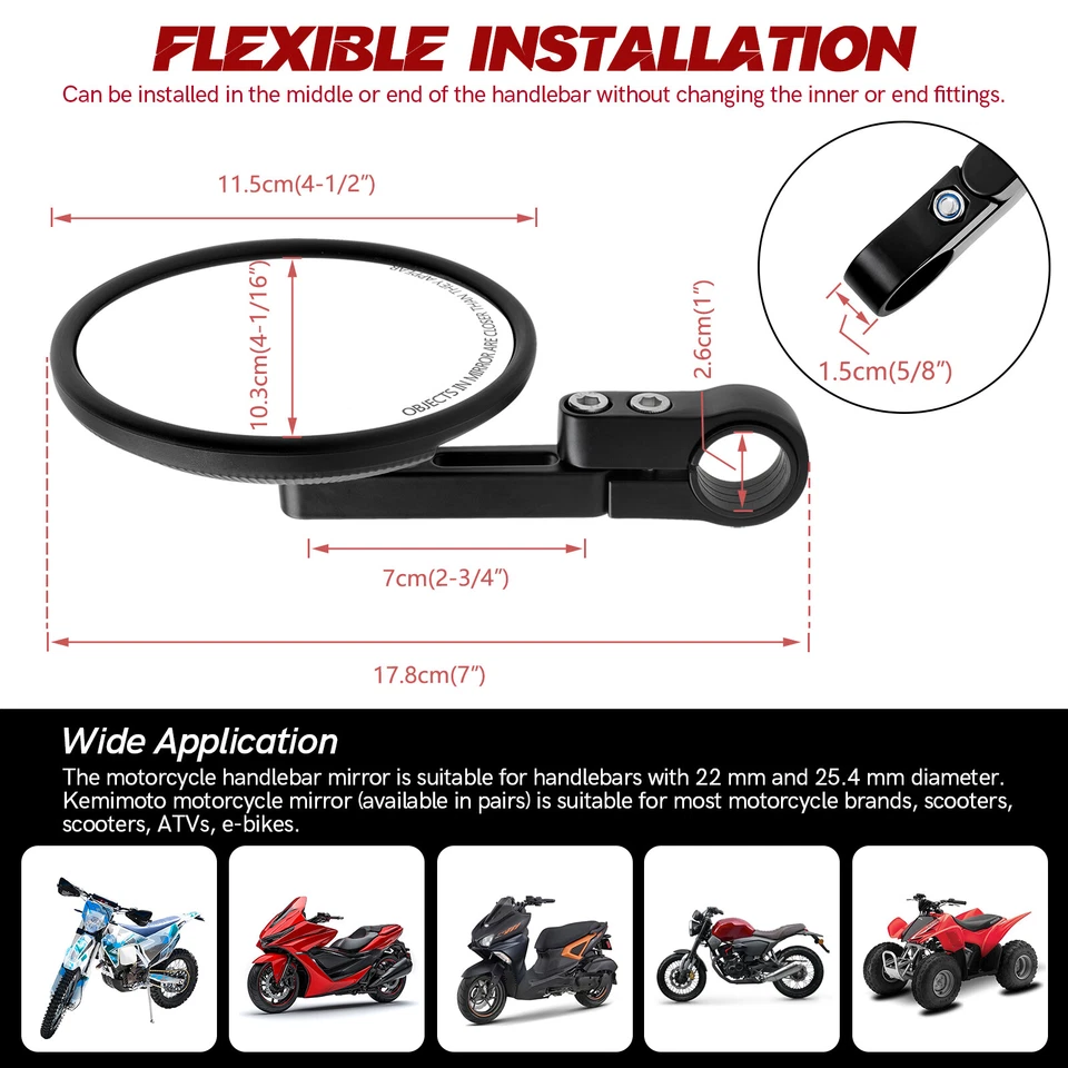 Motorcycle Bar End 7/8" 1" Handlebar Side Mirrors Black For Honda Monkey Grom - Image 3 of 4