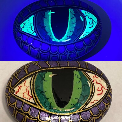 HAND PAINTED ROCK dragon eye GLOWS IN DARK black light 