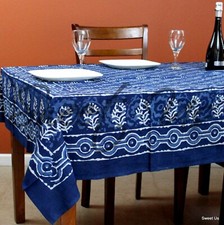 Cotton Hand Block Print Floral Tablecloth Tapestry Bed sheet Queen Indigo Blue
