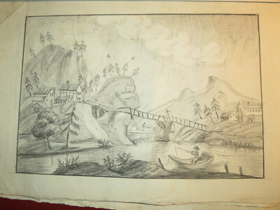 FRENCH SCHOOL XVIII DRAWING BLACK STONE LANDSCAPE ANIME FOLK ART 1780 d