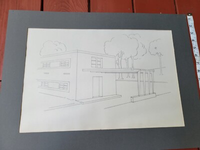 Vintage Original Pencil Abstract Architecture Mid Century Unknown Artist 1950s